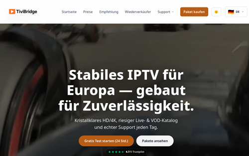 TiviBridge: IPTV-Pakete, Senderauswahl und kostenloser Test TiviBridge-Startseite mit Paketwahl und Schaltfläche für einen 24-Stunden-Test